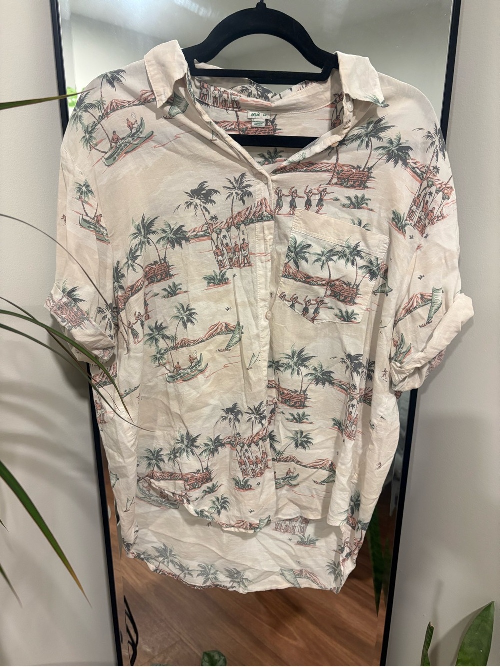 Aerie Cotton-blend Classic Island Print Button-Up Shirt - Cream